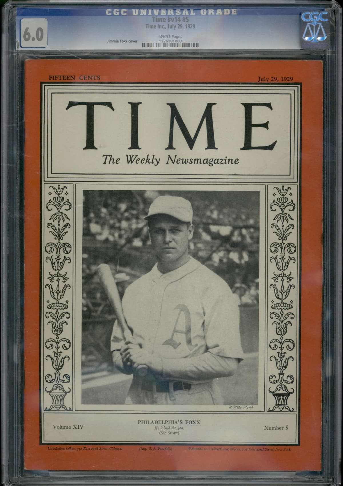 1929 Time Magazine Vol 14 Issue 5 July 29 Jimmie Foxx Cover CGC 6.0 White Pages