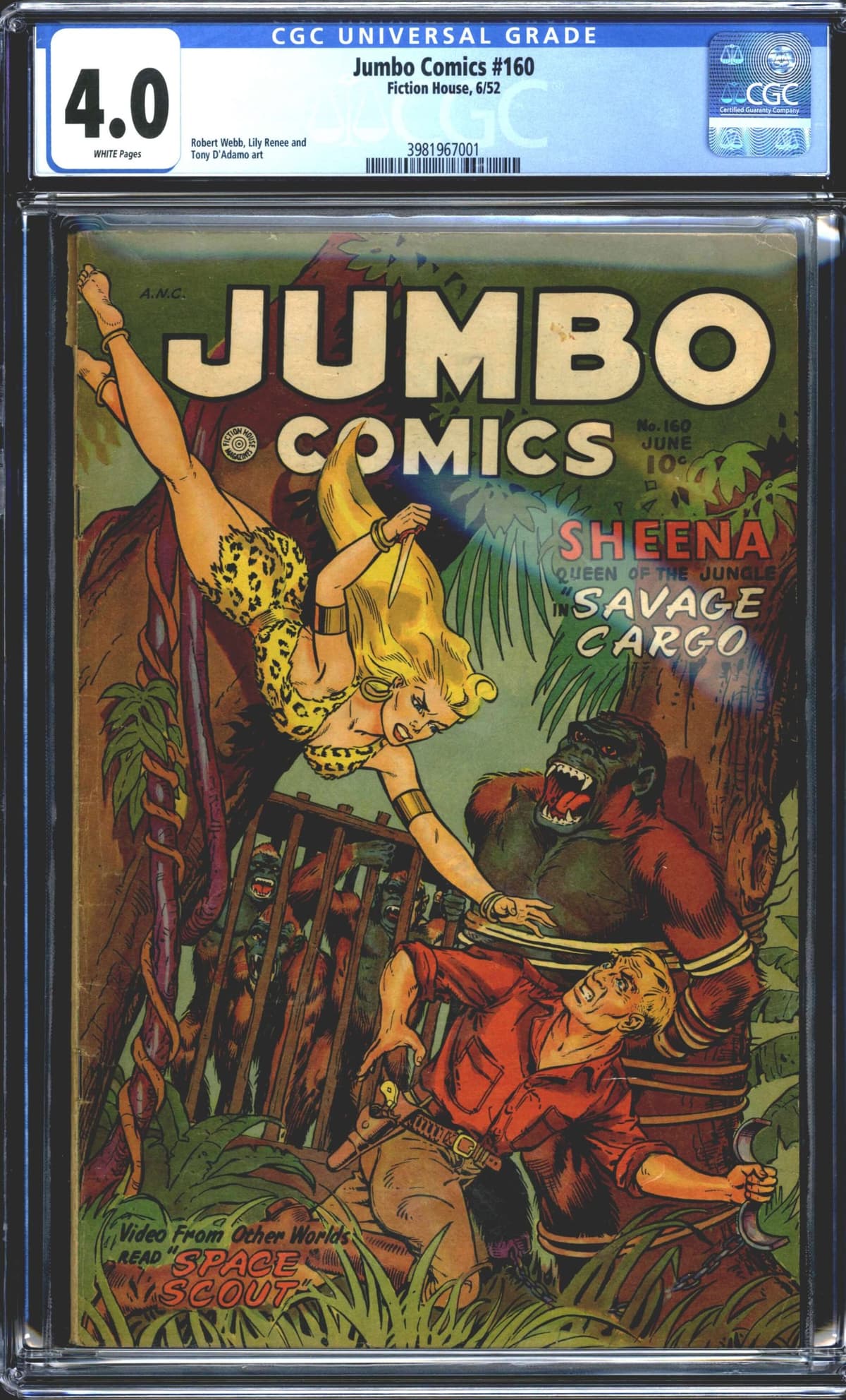 Jumbo Comics #160 CGC 4.0 White Pages Fiction House 1952 Sheena & Gorilla Cover