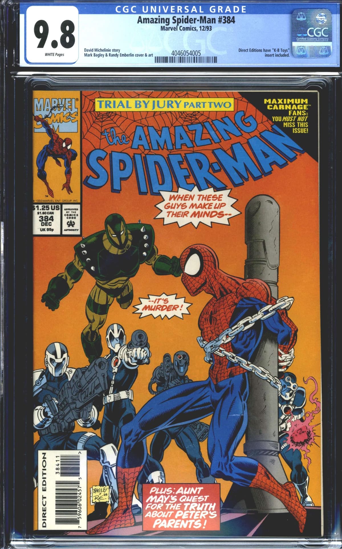 Amazing Spider-Man #384 CGC 9.8 Marvel 1993 Trial by Jury K-B Toys Insert Nova