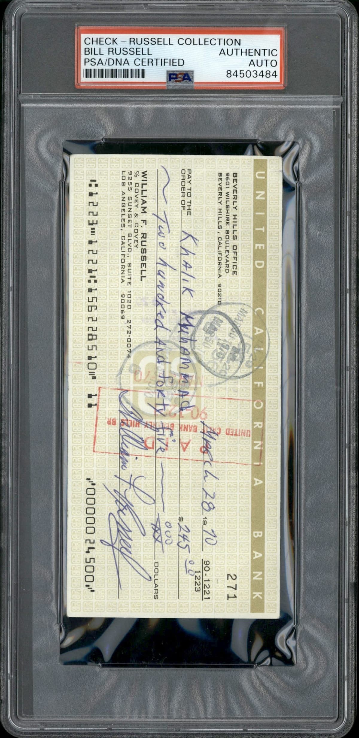 Bill Russell Autographed/Signed 1970 Check PSA/DNA Certified Boston Celtics