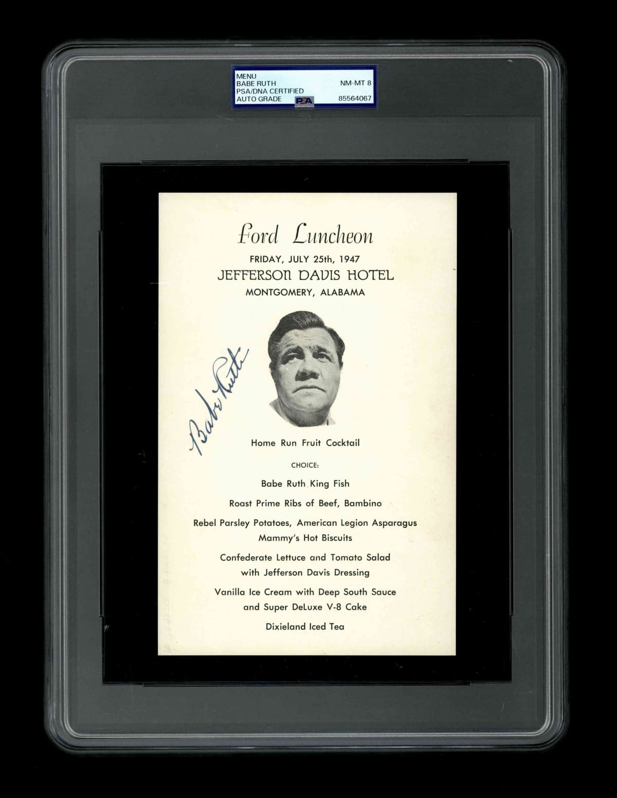 Babe Ruth Signed Menu From July 25th, 1947 Ford Luncheon - PSA/DNA 8 Certified